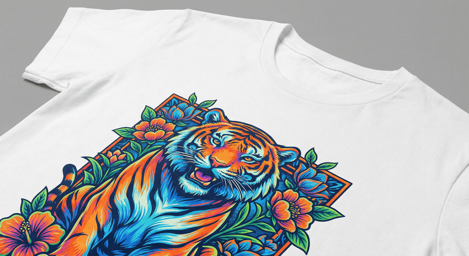 Impression DTF sur t-shirt blanc, couleurs vives, rendu haute définition