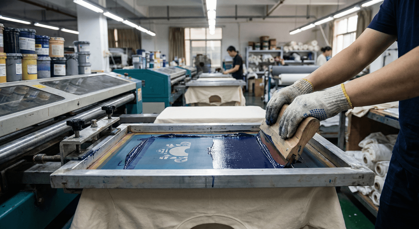 Sérigraphie textile en atelier industriel, raclette sur cadre sérigraphique